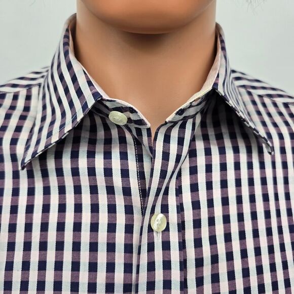 JOHNSTON & MURPHY Dress Shirt Sz M Tailored fit Contrast Flip Cuff Gingham check - Picture 7 of 12